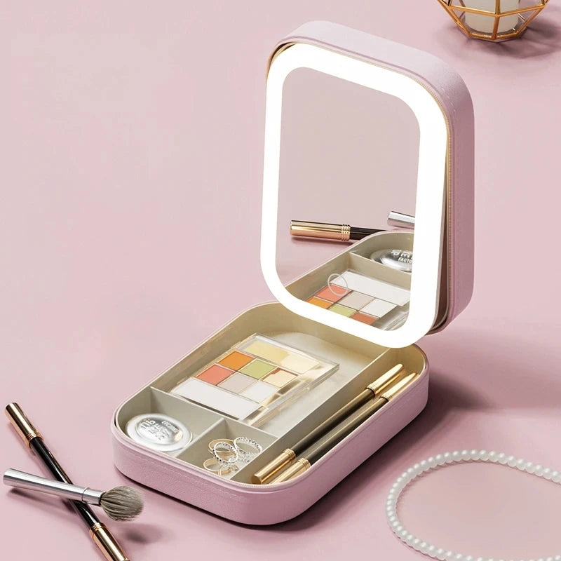 Makeup Storage Box LED Mirror Cosmetics Storage Box Fashion Portable Travel Makeup Bag Simple Makeup Case with Mirror for Women